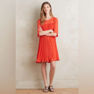 Anthropologie Orange Pleated Dress